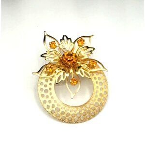 Vintage Style Floral Gold Tone Round Brooch With Orange Brown Rhinestones  Elega